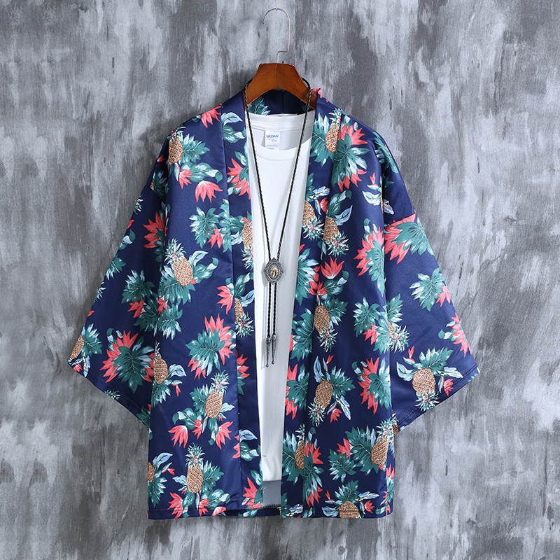 Men Chinese Style Robe Summer Three-quarter Sleeves Beach Shirt Sun Protection Chiffon Cardigan Jacket 8916 S