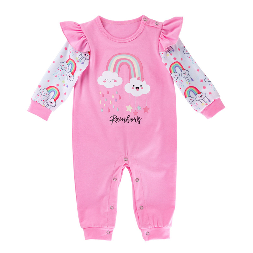 Girls Long Sleeves Jumpsuit Cute Cartoon Rainbow Printing Romper For 0-2 Years Old Kids pink-rainbow 0-3M 59