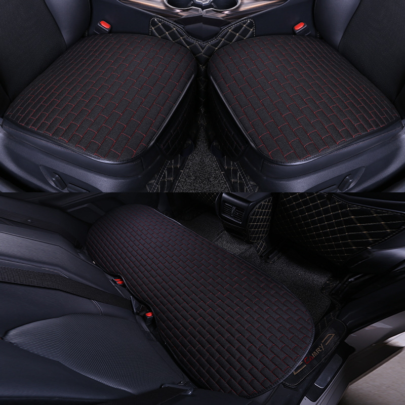 Car Seat Cover set Four Seasons Universal Design Linen Fabric Front Breathable Back Row Protection Cushion Black and red _Small 3-piece suit