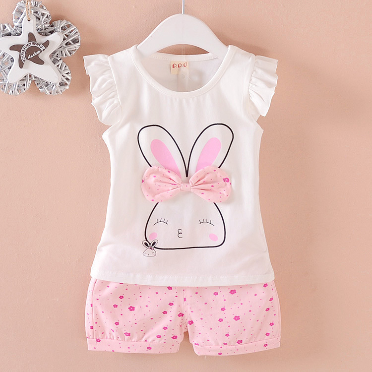 2pcs Cartoon Printing Tank Top Set For Girls Summer Cotton Vest Shorts Two-piece Set rabbit pink 3-4Y 110cm