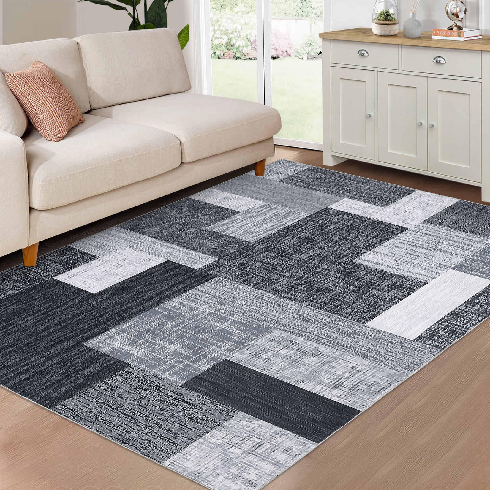 US GARVEE 9x12 Area Rug Modern Geometric Machine Washable Area Rug for Living Room Bedroom Contemporary Patchwork Non-Slip Stain Resistant Accent Rug Carpet for Home Floor Decoration, Grey