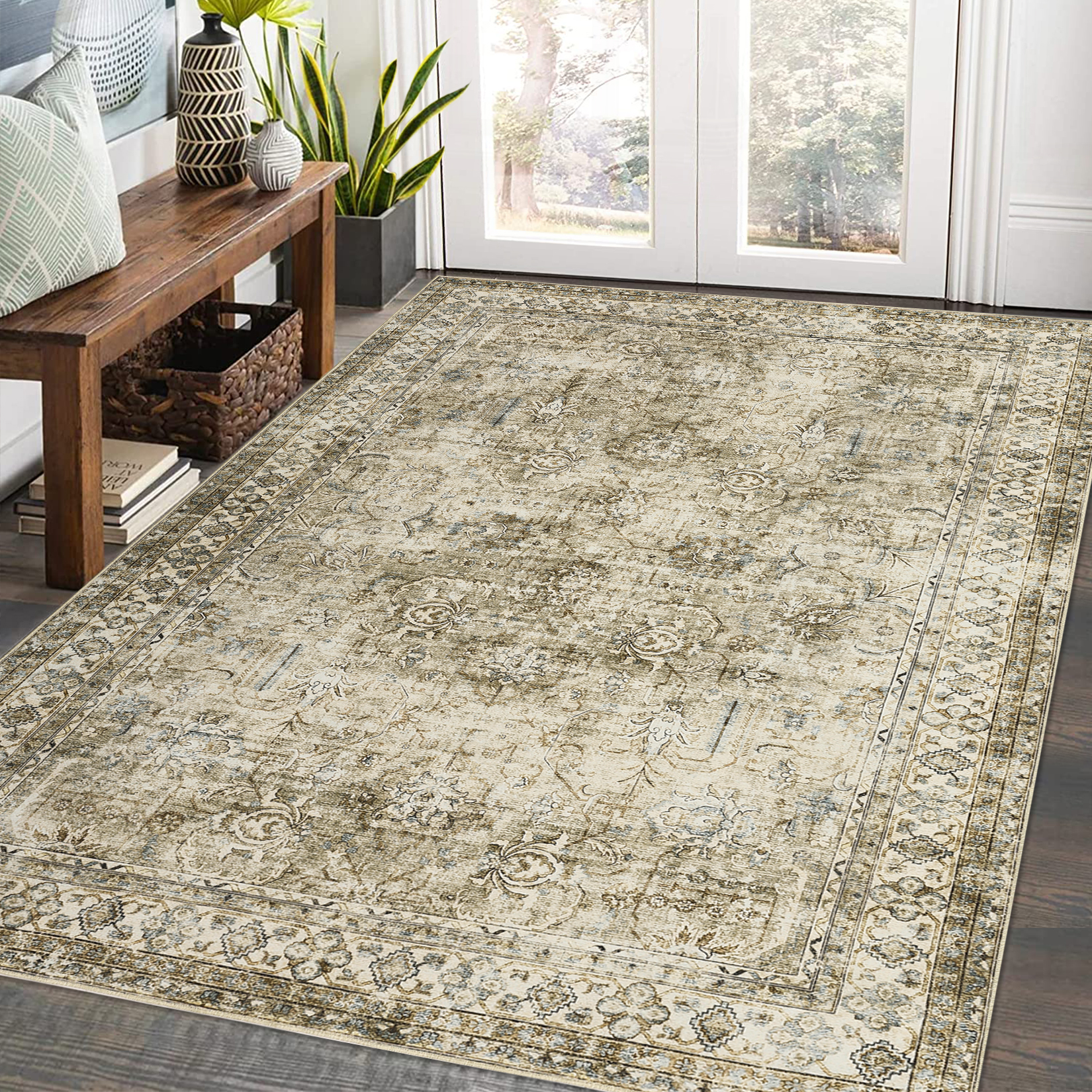 US GARVEE Washable Rug Boho Oriental Rug 9x12 Area Rug for Living Room Tribal Bedroom Decor Soft Non Slip Floor Mats No Shedding Indoor Nursery Throw Carpet for Apartment Dining Room Rug, Taupe