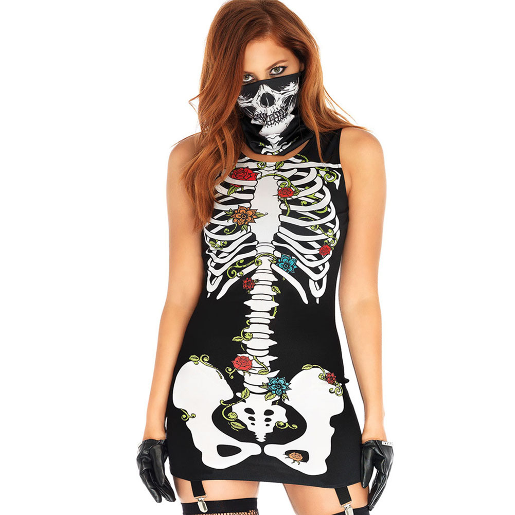 Wholesale 2pcs Set Halloween Sexy Bodycon Dress Mask Skeleton