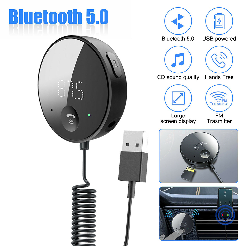 Car Bluetooth-compatible  5.0  Receiver With Microphone Multifunctional Hands-free Wireless Tf Card Fm Transmitter Adapter black