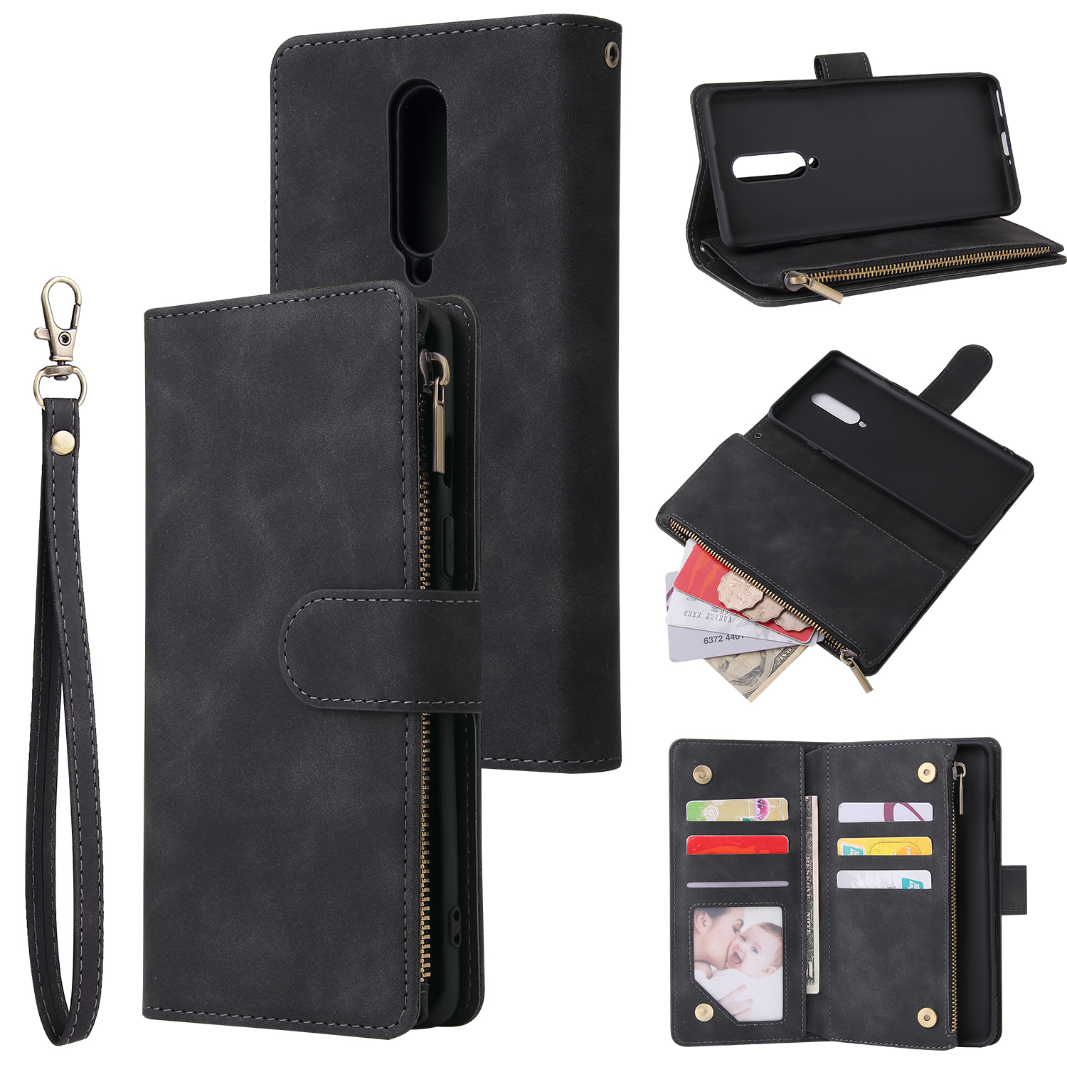 For One plus 8 Zipper Purse Leather Mobile Phone Cover with Cards Slot Phone Bracket 1 black