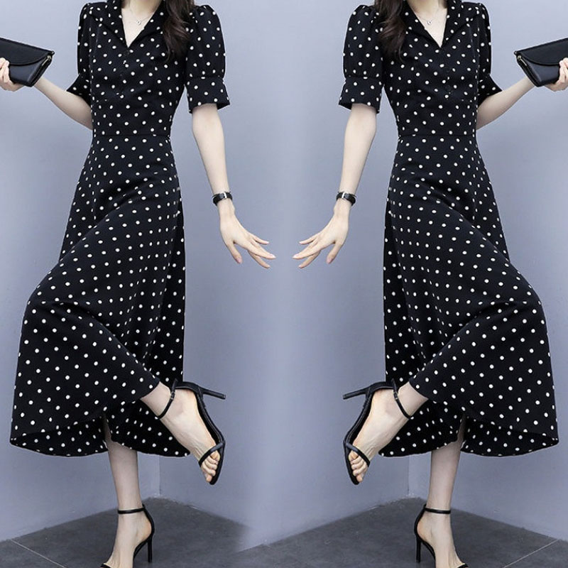 Summer Slim V-neck A-line Dress Simple Dot Flare Sleeves Middle Long Causal Dress black_XL
