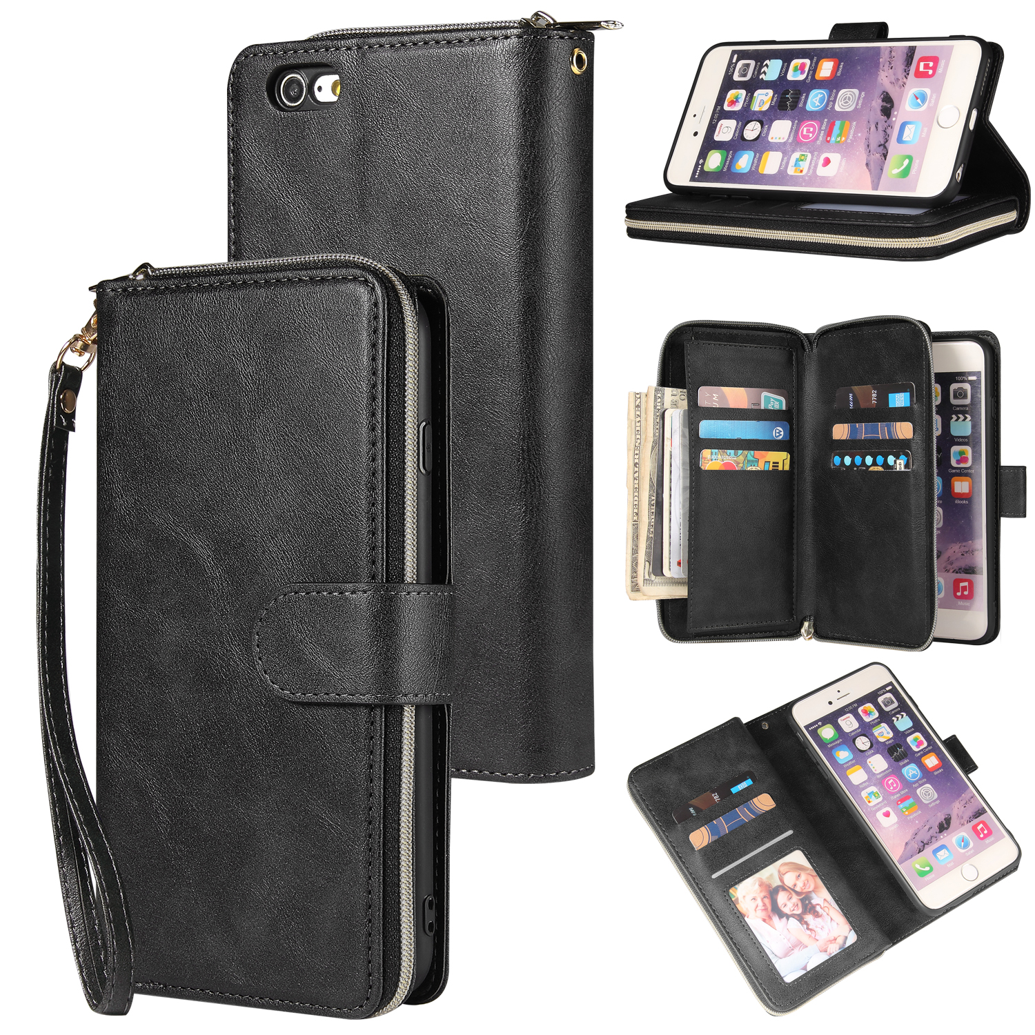 For Iphone 6/6s/6 Plus/6s Plus/7 Plus/8 Plus Pu Leather Mobile Phone Cover Zipper Card Bag + Wrist Strap black