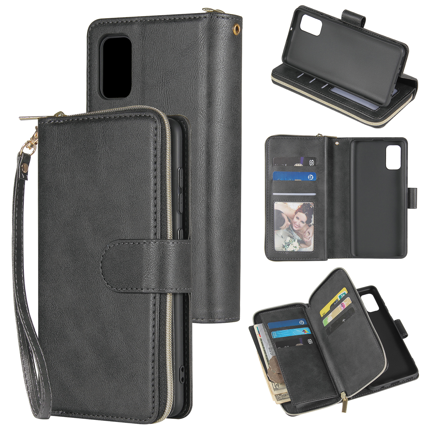 For Samsung A01/A21/A31/A41/A51 Pu Leather Mobile Phone Cover Zipper Card Bag + Wrist Strap black