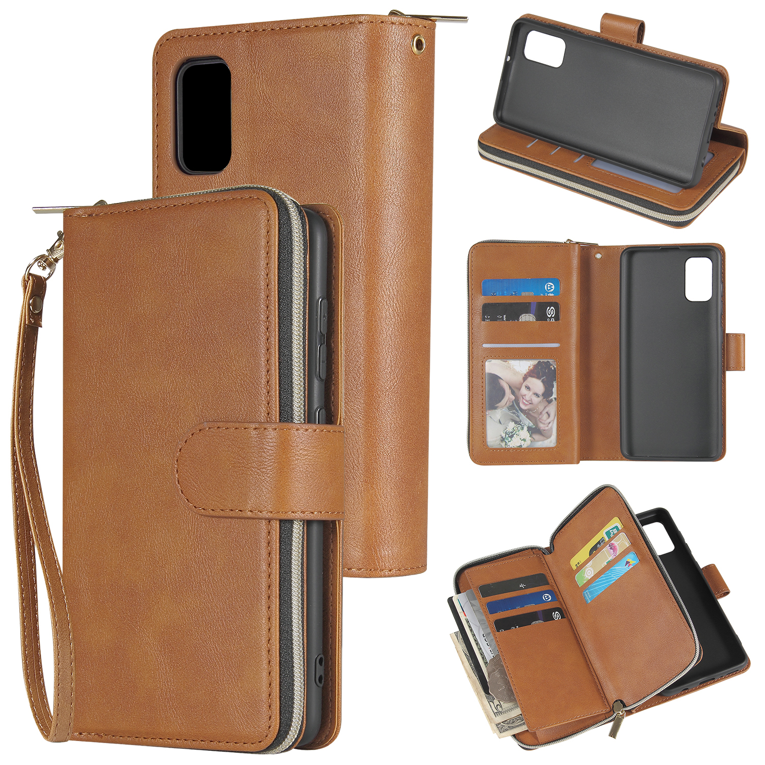 For Samsung A01/A21/A31/A41/A51 Pu Leather  Mobile Phone Cover Zipper Card Bag + Wrist Strap brown