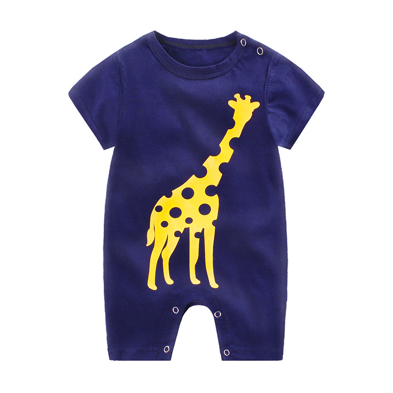 [Indonesia Direct] Infant Summer Cartoon Printing Short Sleeve Jumpsuit Button Open-Crotch Romper for Babies Toddlers Navy giraffe_73CM