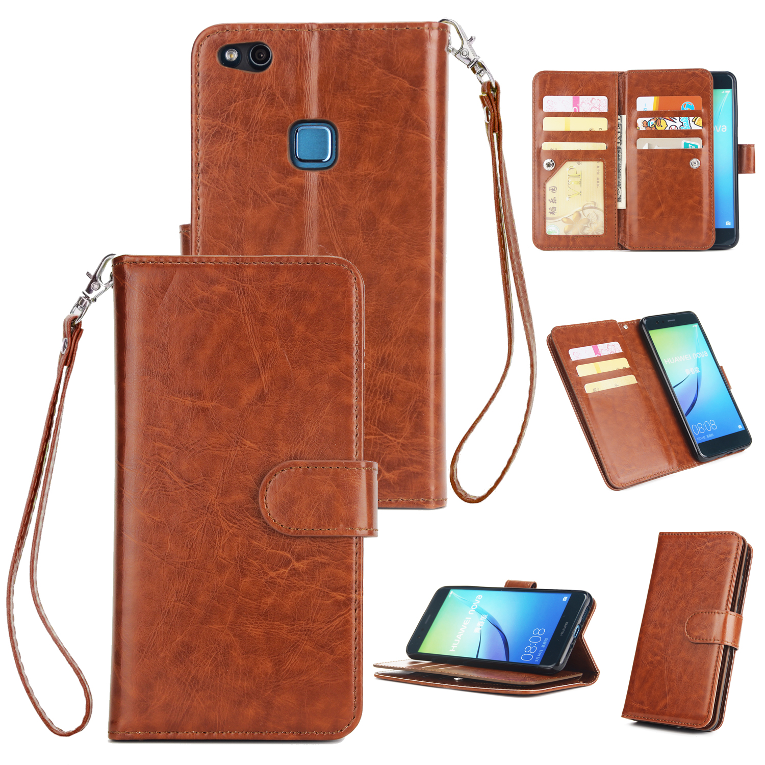 For HUAWEI P10 Lite Leather Protective Phone Case with 9 Card Position Buckle Bracket Lanyard brown