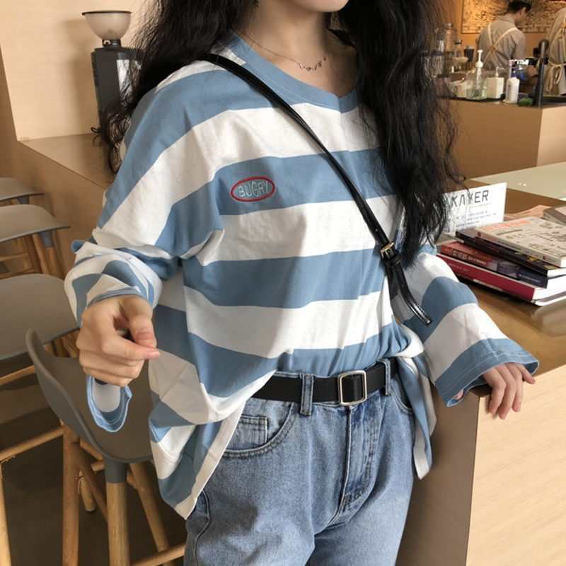 Women Spring Autumn Stripes Long Sleeve Loose T Shirt Blouse blue_XL