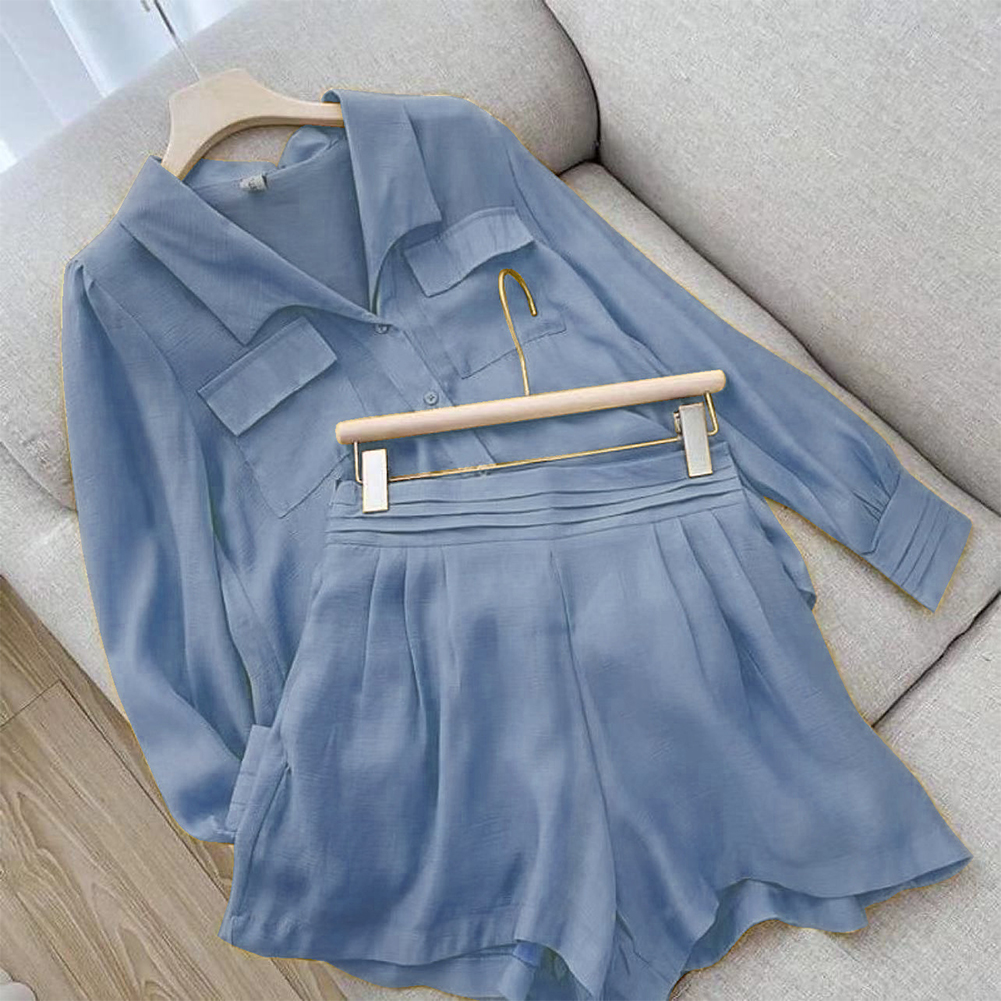 2pcs Women Shirt Shorts Suit Long Sleeves Lapel Shirt Solid Color Shorts Large Size Casual Loose Two-piece Set Lake Blue XL