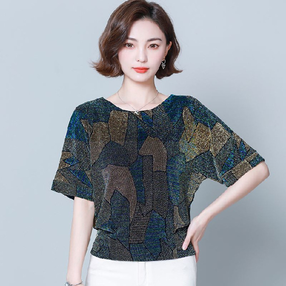 Women Short Sleeves T-shirt Summer Retro Geometric Pattern Loose Blouse Contrast Color Round Neck Pullover Tops green XL