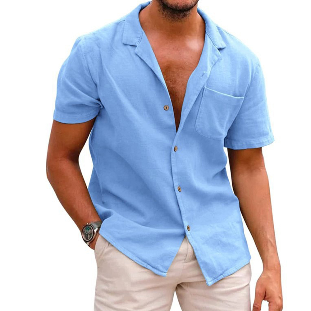 Men Fashion Lapel T-shirt Short Sleeves Linen Cardigan Tops Casual Solid Color Loose Large Size Shirt light blue XL