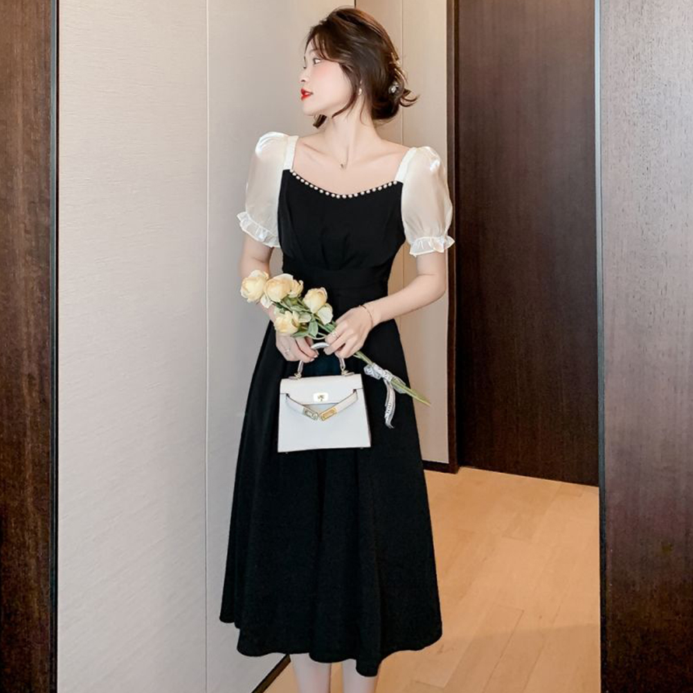 Women French Square Neck Dress Summer Puff Short Sleeve High Waist A-line Skirt Elegant Solid Color Dress black M