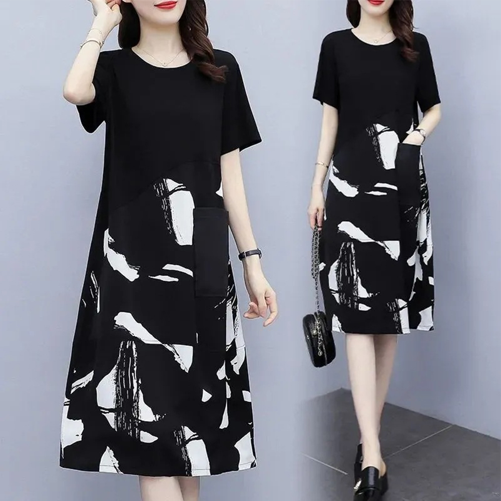 Women Short Sleeves Dress Summer Casual Plus Size Loose A-line Skirt Fashion Printing Middle Waist Dress 2305#black XL