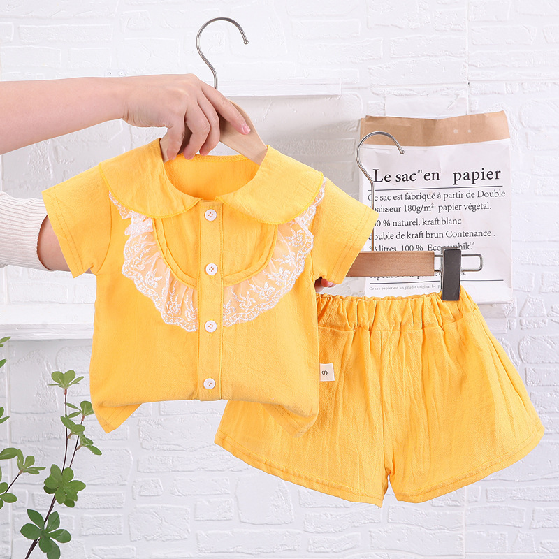 2-piece Baby Girls Short-sleeved Lace Shirt Shorts Outfits Cute Cotton Button Down Top Baby Summer Suit yellow 2-3Y 100cm