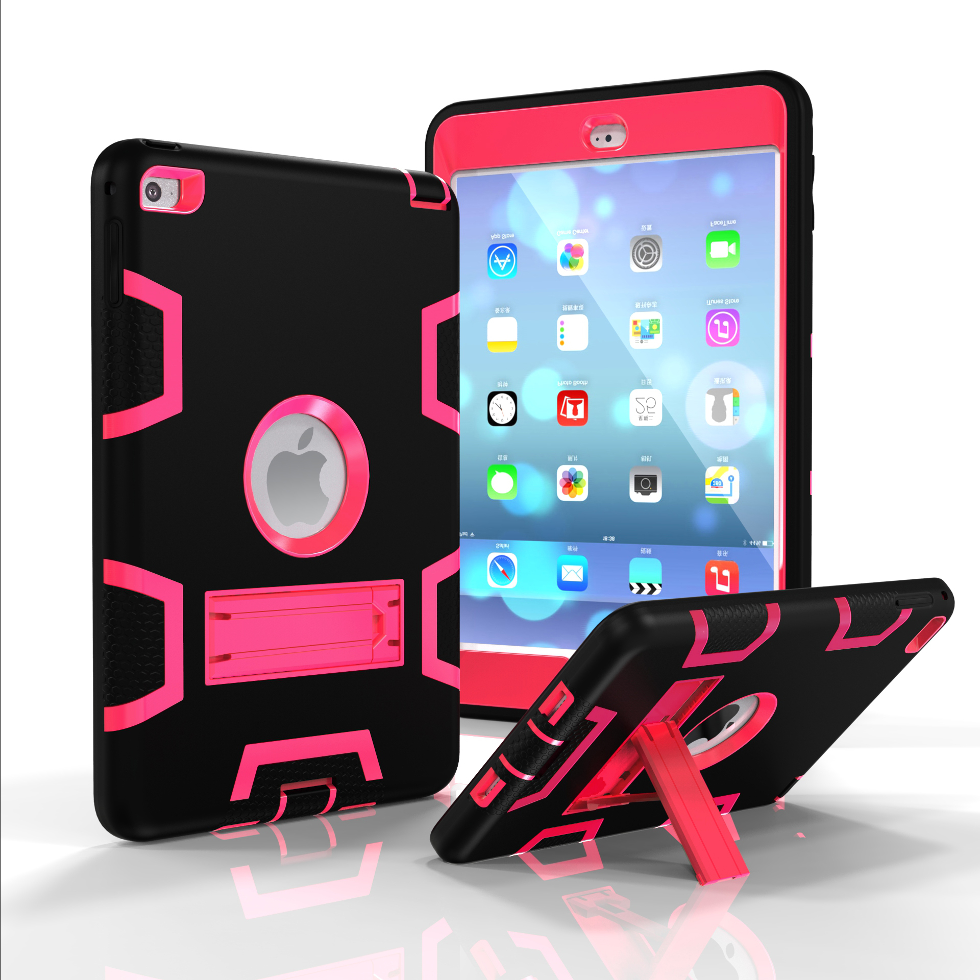 For IPAD MINI 4 PC+ Silicone Hit Color Armor Case Tri-proof Shockproof Dustproof Anti-fall Protective Cover  Black + rose red