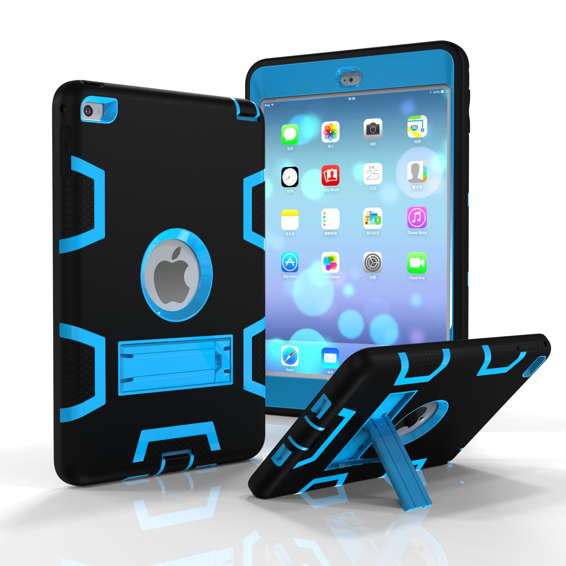 For IPAD MINI 4 PC+ Silicone Hit Color Armor Case Tri-proof Shockproof Dustproof Anti-fall Protective Cover  Black + blue