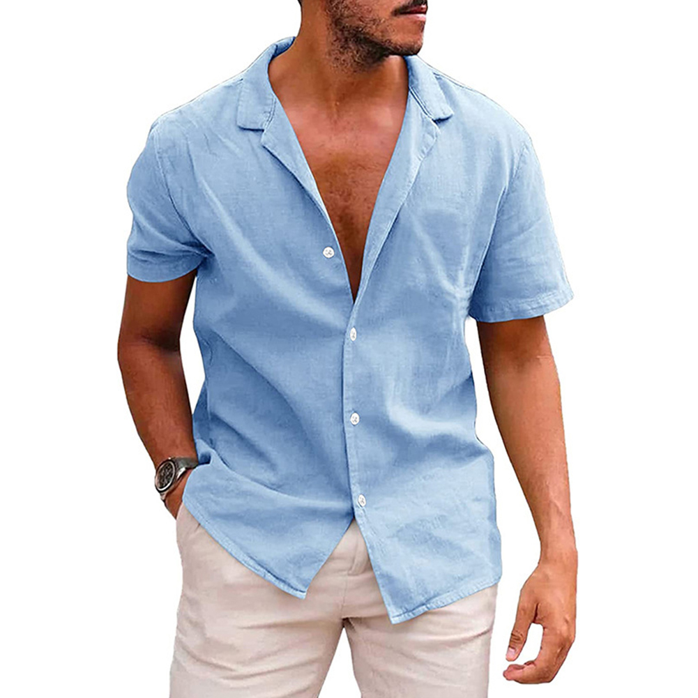 Summer Short Sleeves Shirt For Men Fashion Lapel Cotton Linen Button Cardigan Tops sky blue XL