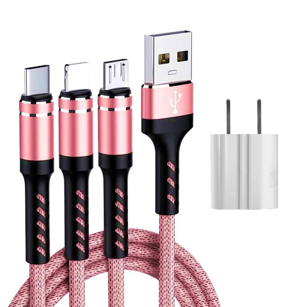 SIMU 1.2 M Data Cable Of One For Three Woven Cylindrical Mobile Phone Charging Cable With Plug Set Pink