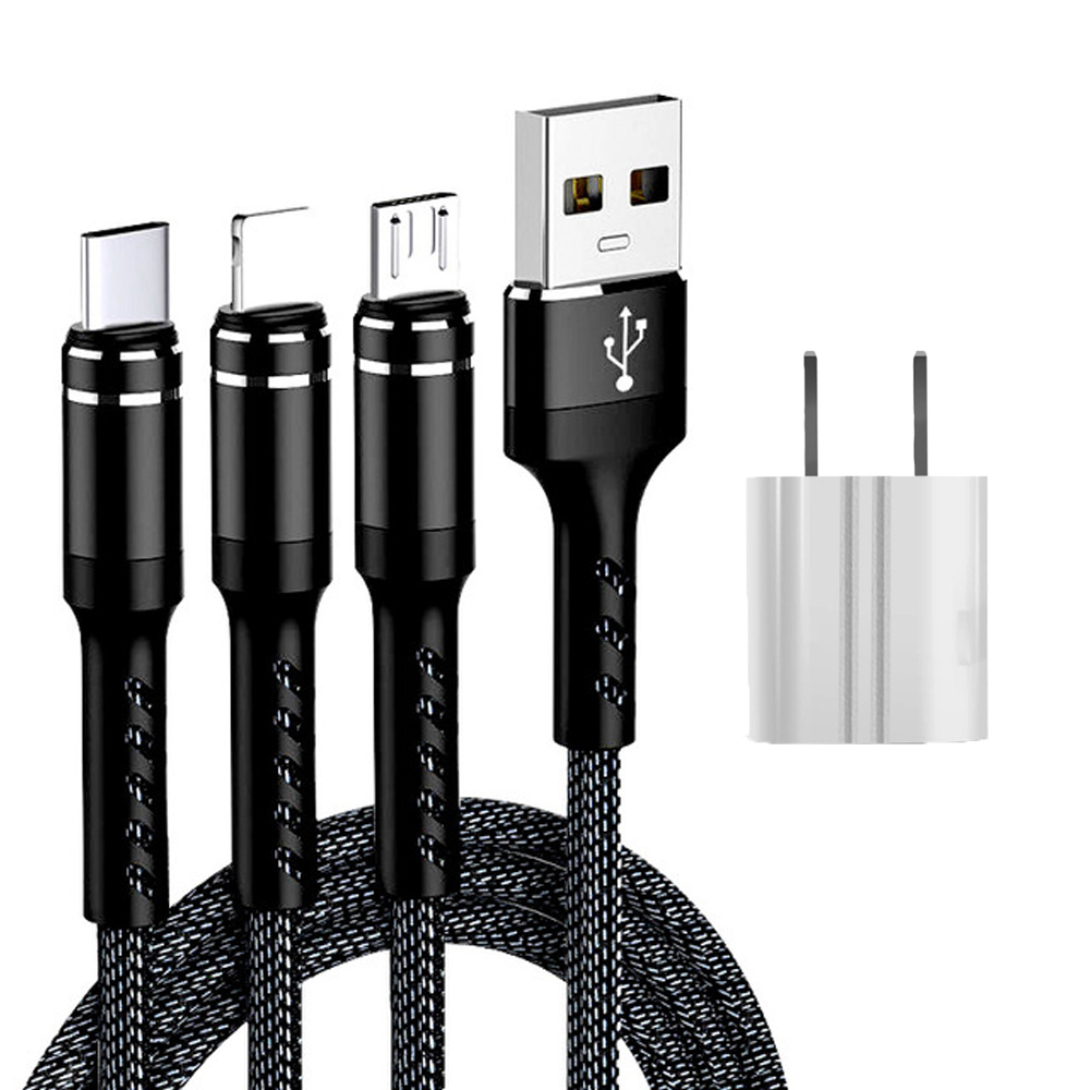SIMU 1.2 M Data Cable Of One For Three Woven Cylindrical Mobile Phone Charging Cable With Plug Set black