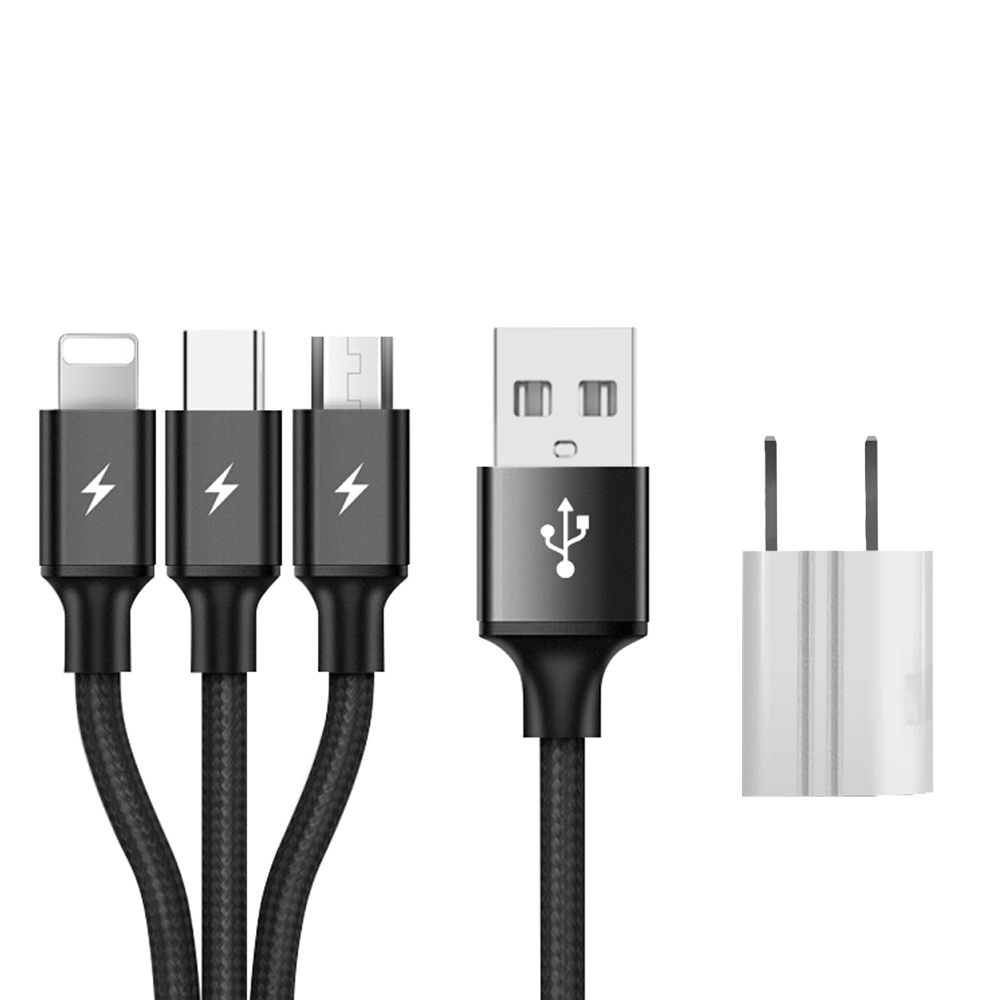 SIMU 1.2M Data Cable Of One Drag Three 2.4A Braided Fast Charging Mobile Phone Cable With USB Charging Plug black