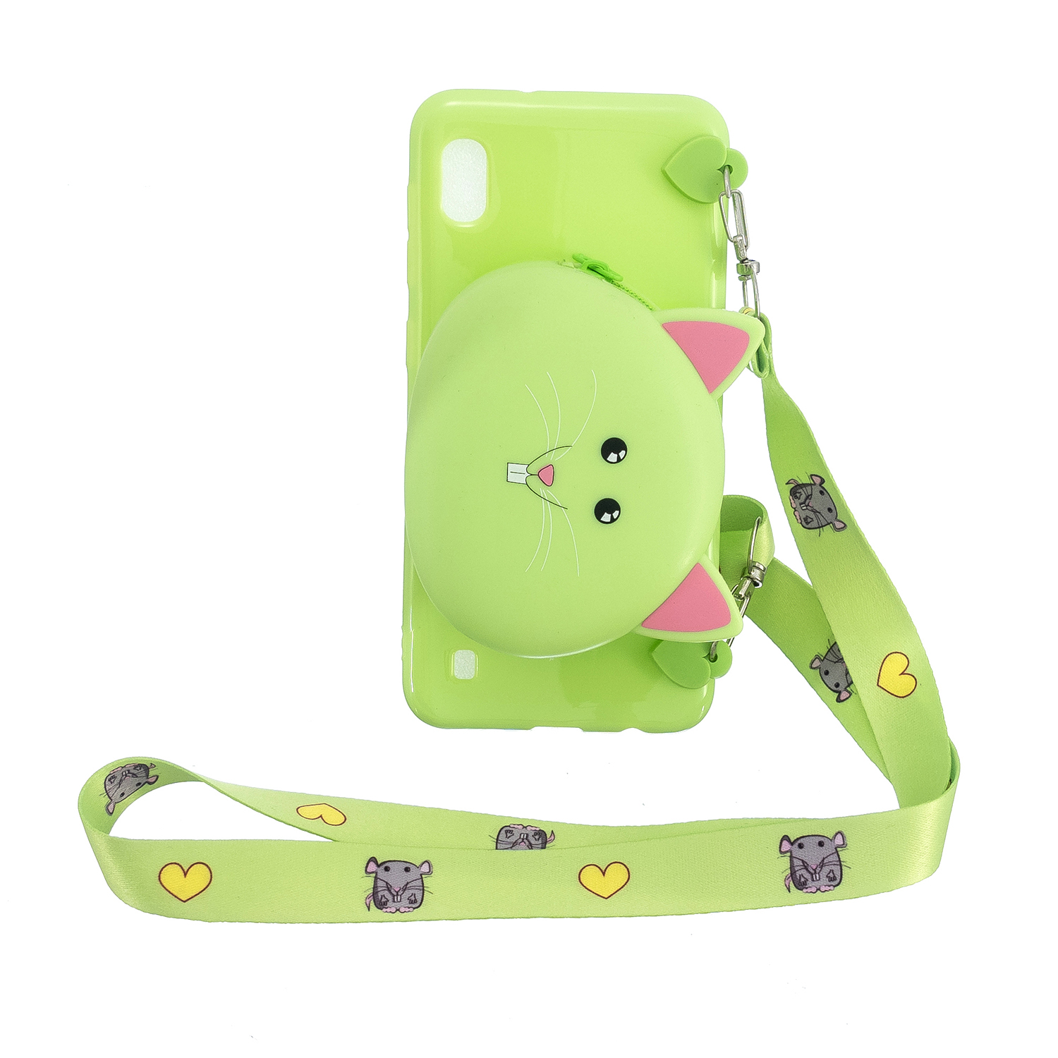 For Samsung A10/A20/A30 Case Mobile Phone Shell Shockproof TPU Cellphone Cover with Cartoon Cat Pig Panda Coin Purse Lovely Shoulder Starp Green