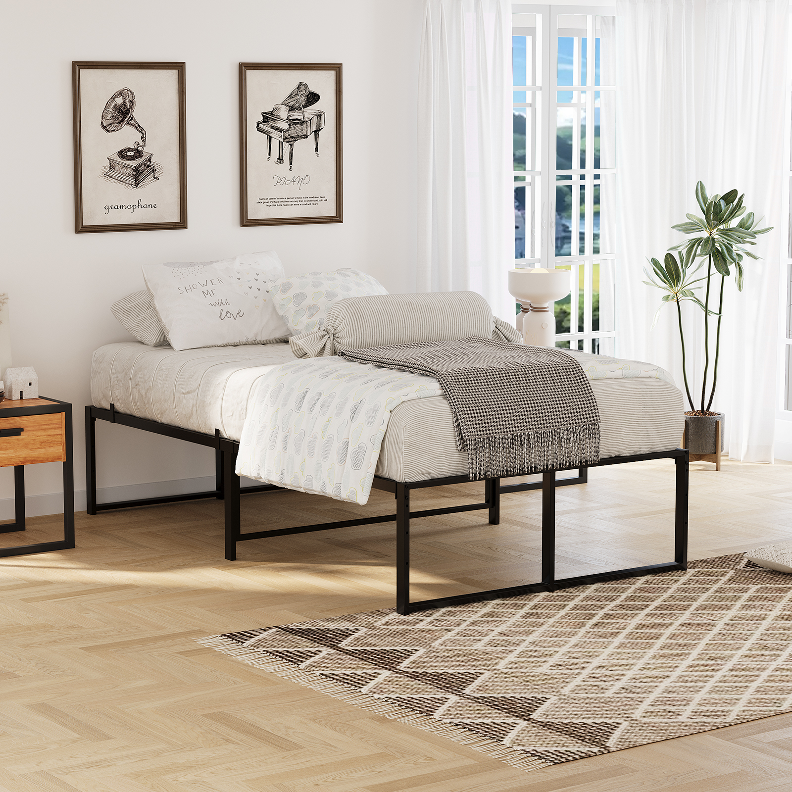 US GARVEE Twin Size Bed Frame Ultra Sturdy Metal 3-in-1 Steel Support 14 inch No Box Spring Needed Easy Assembly Black
