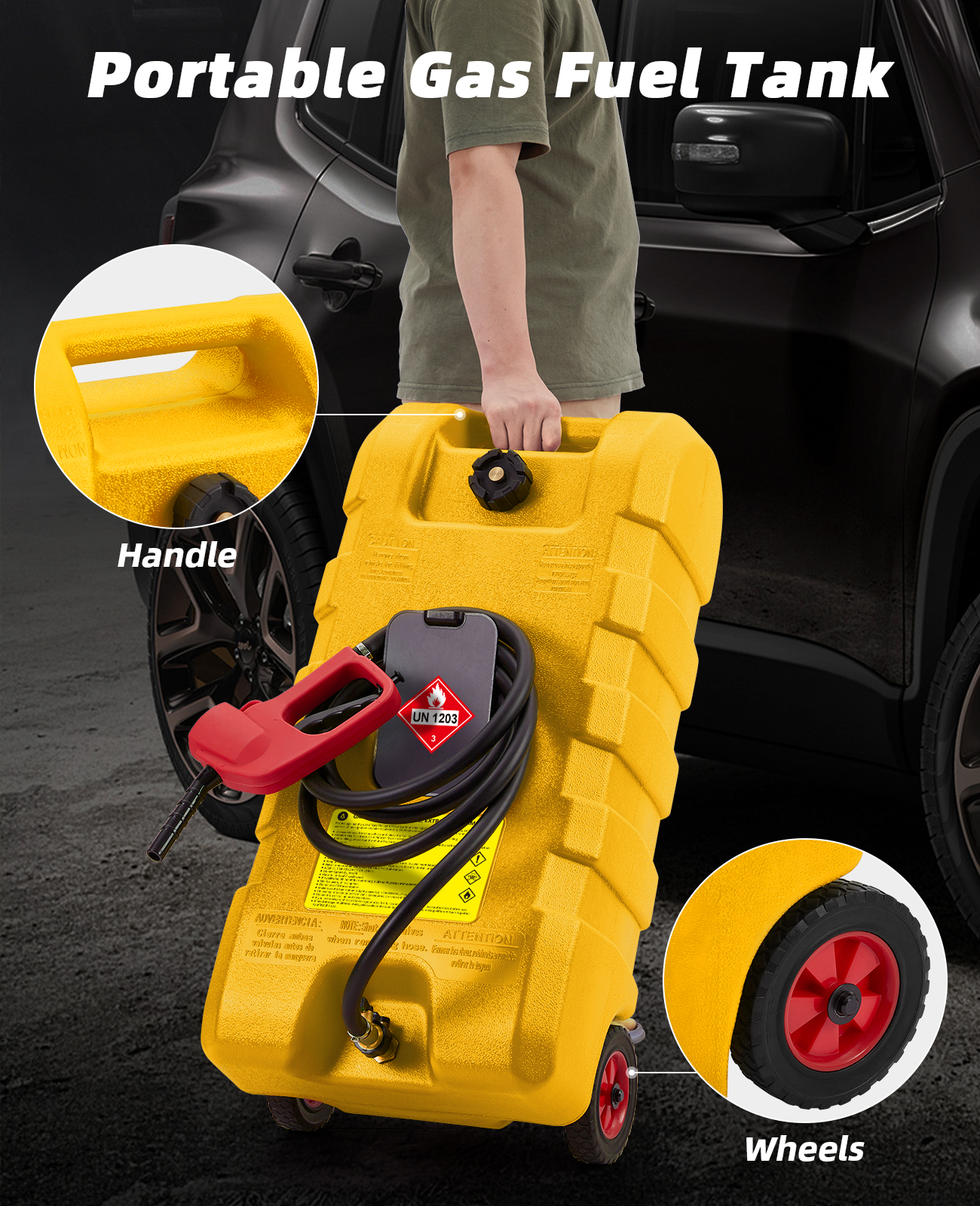 US GARVEE 15 Gallon Portable Fuel Caddy, 10-ft hose, siphon pump, 7.5 L/min manual nozzle, diesel/gasoline tank - Yellow