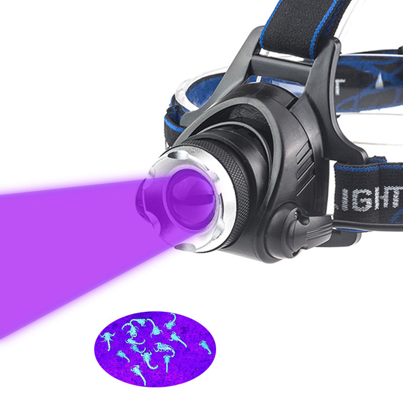 UV LED Purple Headlamp Rotating Zoom Headlight Torch Rechargeable Head Catching Scorption Torch Single white+purple headlight