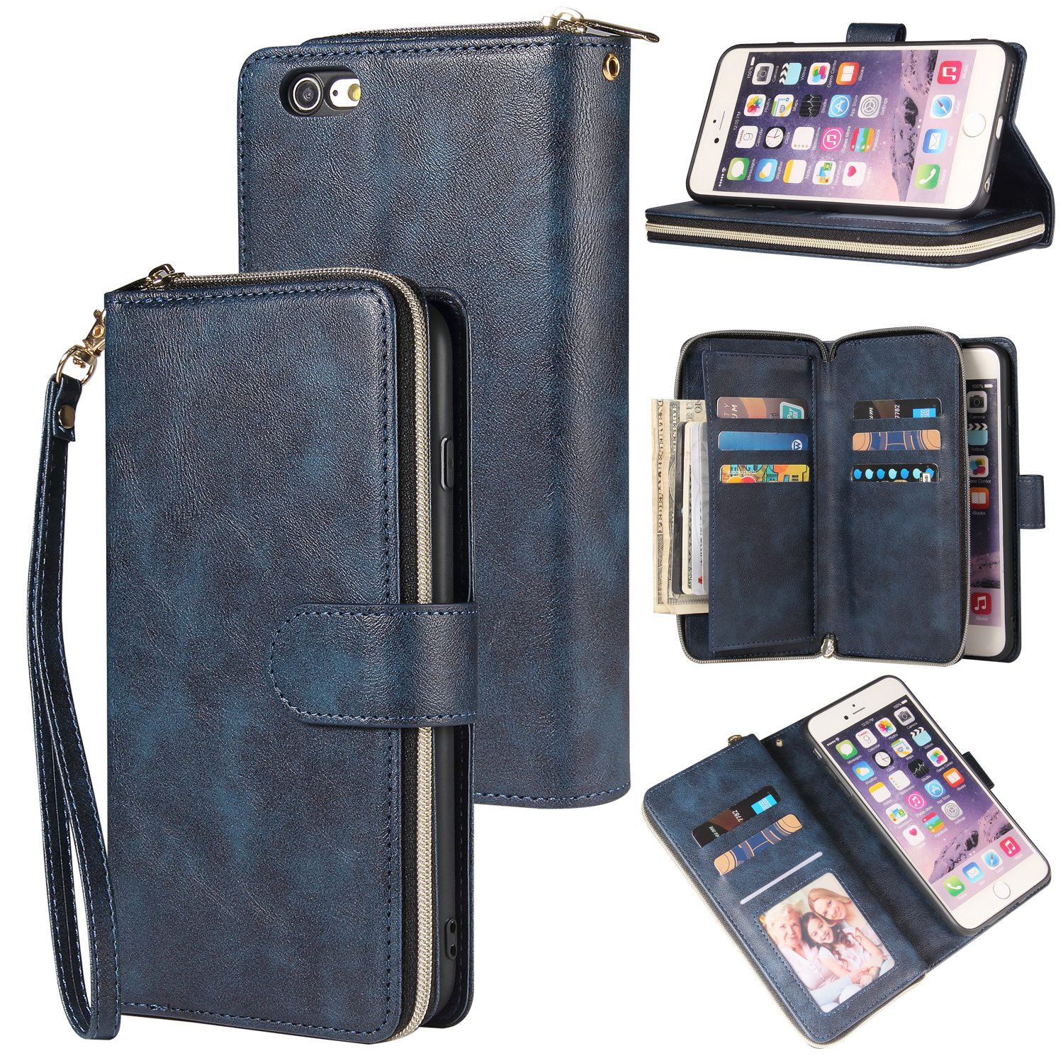 For Iphone 6/6s/6 Plus/6s Plus/7 Plus/8 Plus Pu Leather  Mobile Phone Cover Zipper Card Bag + Wrist Strap blue