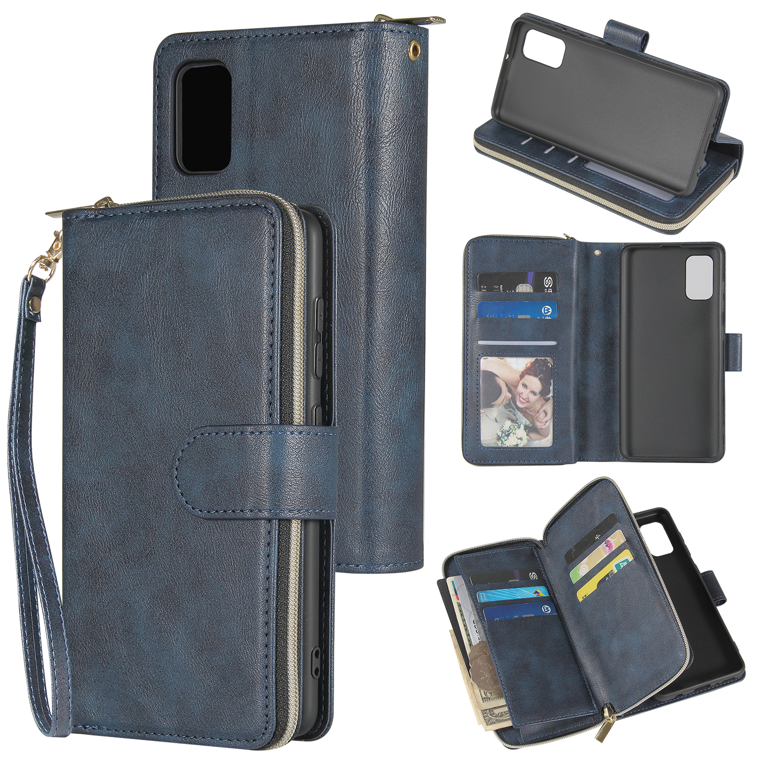 For Samsung A01/A21/A31/A41/A51 Pu Leather  Mobile Phone Cover Zipper Card Bag + Wrist Strap blue