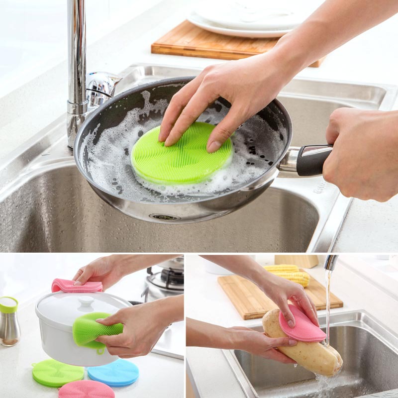 [Indonesia Direct] Soft Silicone Dish Washing Sponge Scrubber Brush Kitchen Double Side Cleaning Antibacterial Tool Random Color