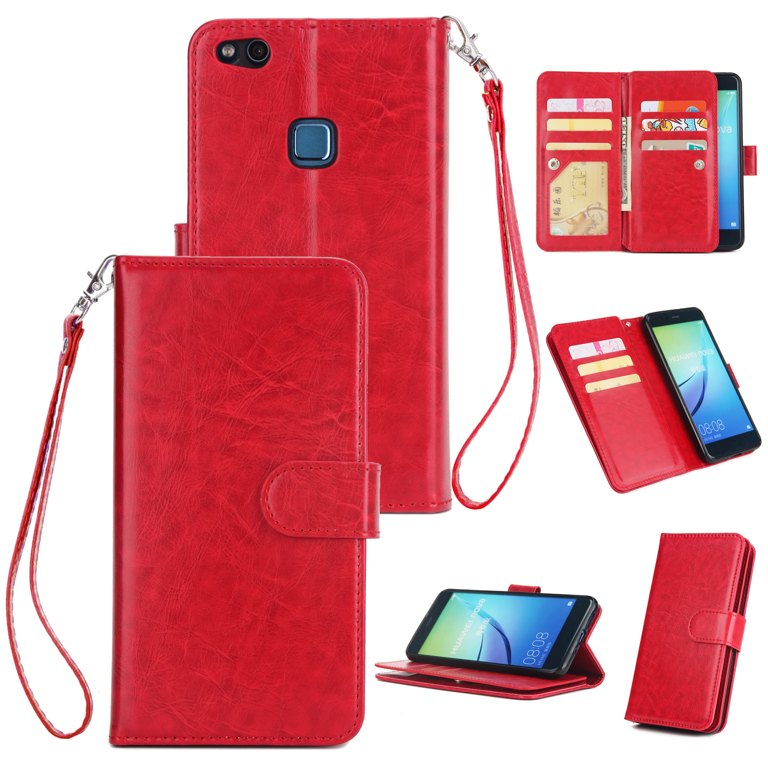 For HUAWEI P10 Lite Leather Protective Phone Case with 9 Card Position Buckle Bracket Lanyard red