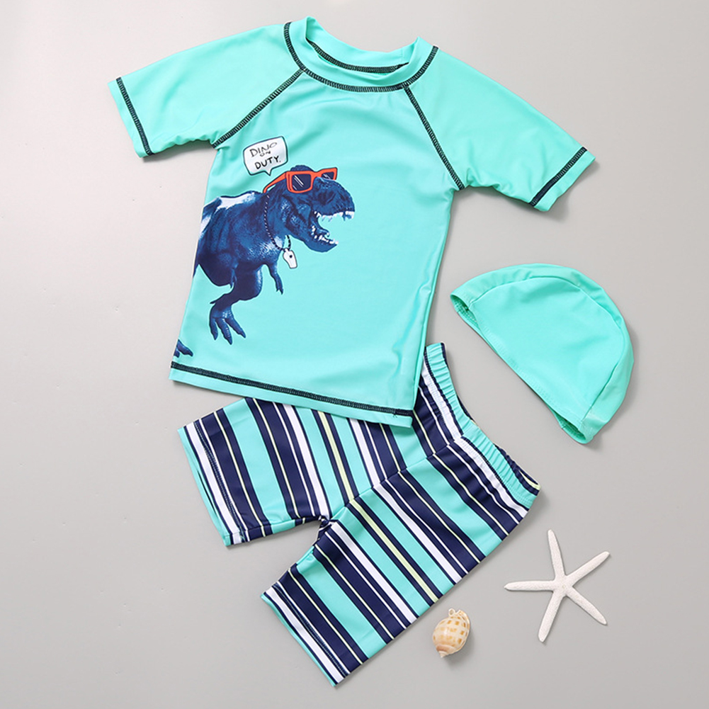 3pcs Boys Split Swimsuit Set Summer Short Sleeves Sunscreen Quick-drying Swimwear Swimming Trunk With Swimming Cap blue 3-4years M