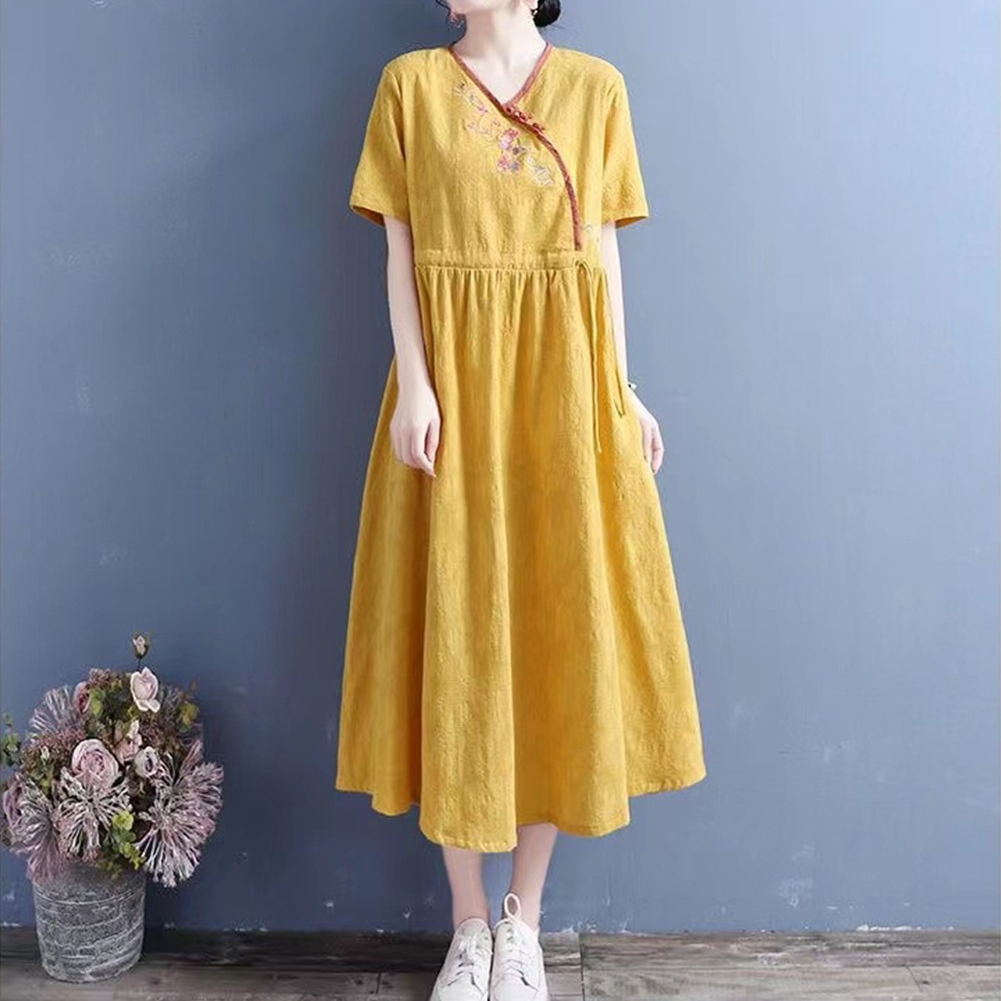 Summer Women Short Sleeves Dress Fashion V Neck High Waist A-line Skirt Retro Embroidered Large Size Dress yellow M