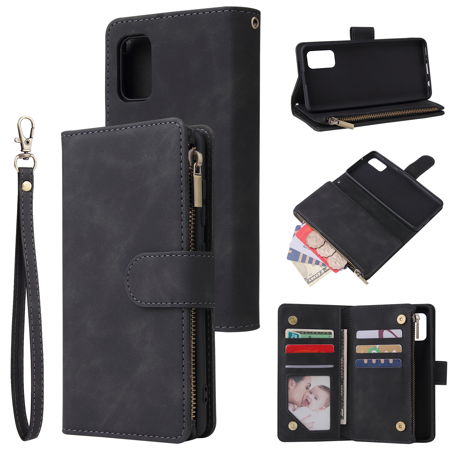 For Samsung A41 Mobile Phone Case Wallet Design Zipper Closure Overall Protection Cellphone Cover 1 black