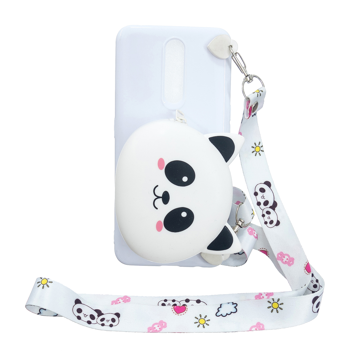 For OPPO F11/F11 Pro Cellphone Case Mobile Phone TPU Shell Shockproof Cover with Cartoon Cat Pig Panda Coin Purse Lovely Shoulder Starp White
