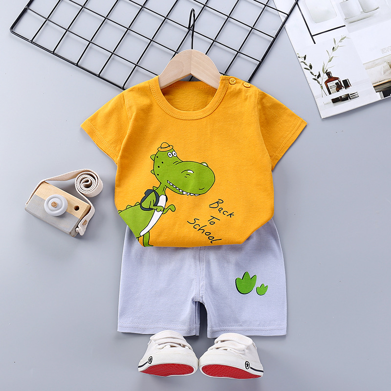 Kids T-shirt Set Fashion Cartoon Printing Short Sleeves Shirt Shorts Summer Cotton Clothing Suit For Kids Aged 0-5 cap dinosaur 2-3Y 90-100cm