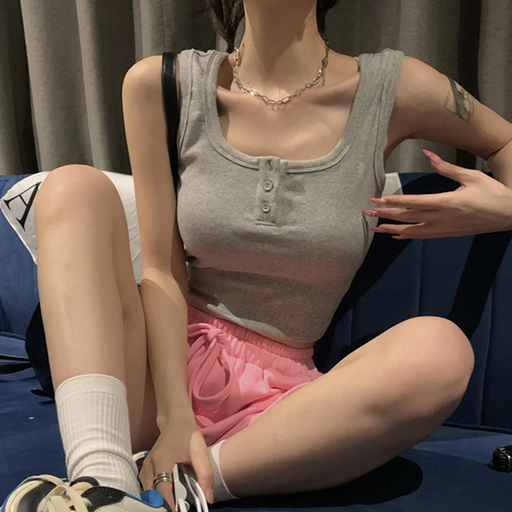 Women Knitted Tank Tops Summer U-neck Slim Fit Crop Tops Sexy Slim Fit Simple Solid Color Sleeveless Shirt grey M