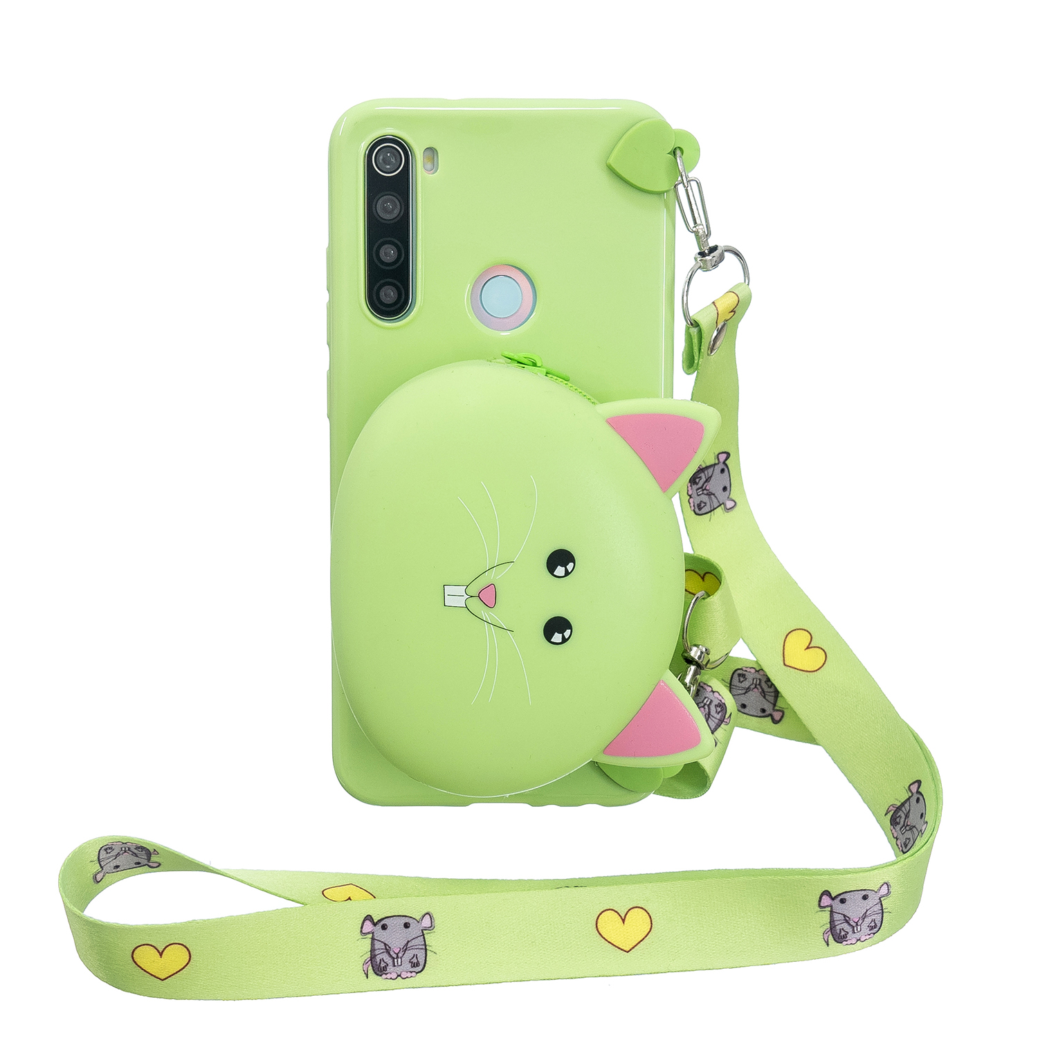 For Redmi Note 8/8T/8 Pro Cellphone Case Mobile Phone Shell Shockproof TPU Cover with Cartoon Cat Pig Panda Coin Purse Lovely Shoulder Starp Green