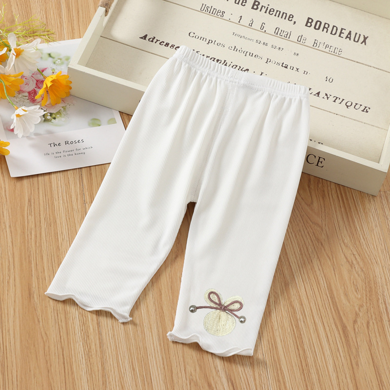 Toddlers Leggings Kids Girls Cropped Pants Solid Color Elastic Waist Belt Summer Outerwear Bottoms Pants White 0-1Y 73CM