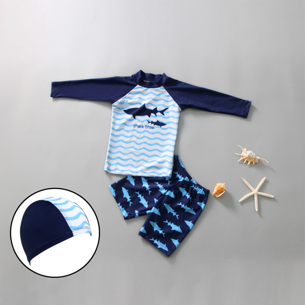 3-piece Kids Boys Split Swimsuit Cartoon Print Long-sleeved Sunscreen Shirt Quick-drying Swimming Trunks With Cap blue 2-3Y M