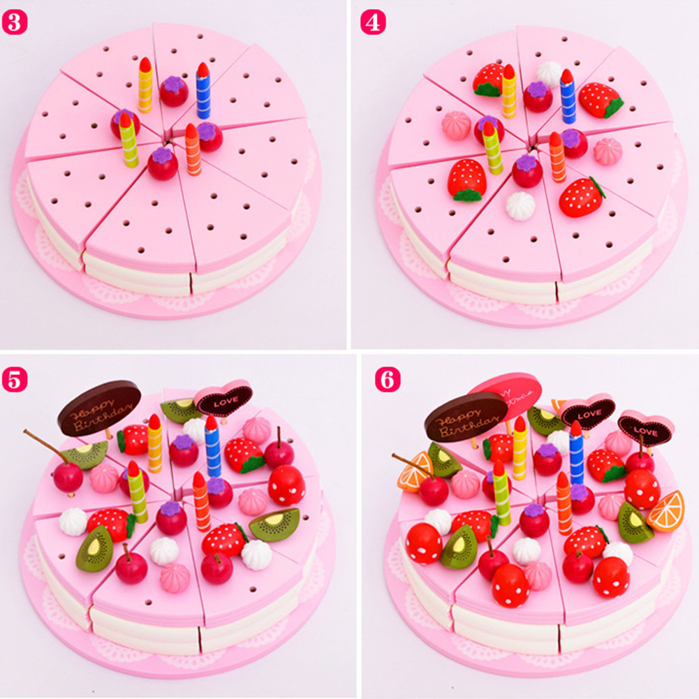 Double-layer Wooden Cake Fruit Candle Cutting Self-Sticking Children Play House DIY Toy Gift