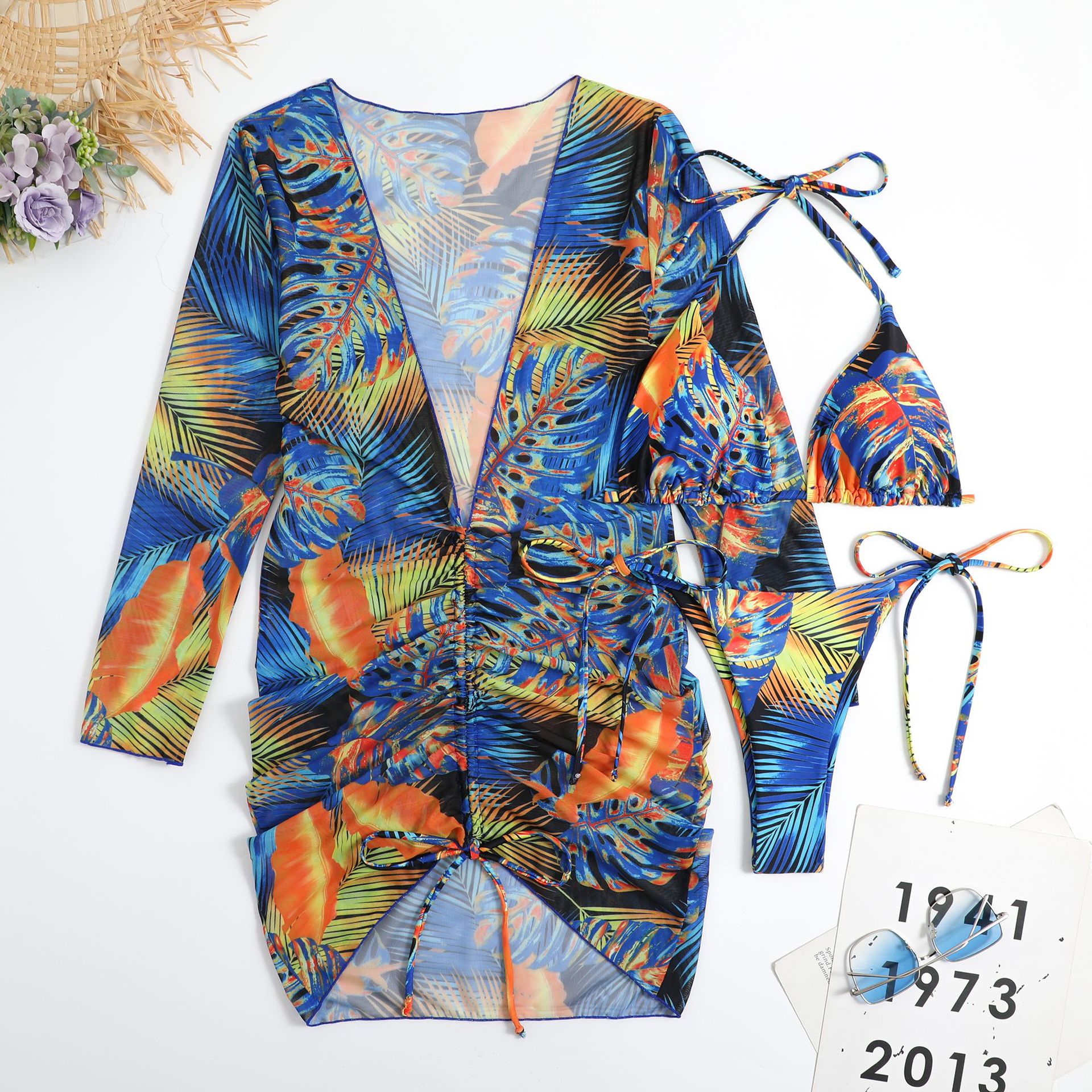 3pcs Women Swimsuit Suit Quick-drying Fashion Printing Sexy Bikini Set For Summer Beach Party Swimming color 1 M