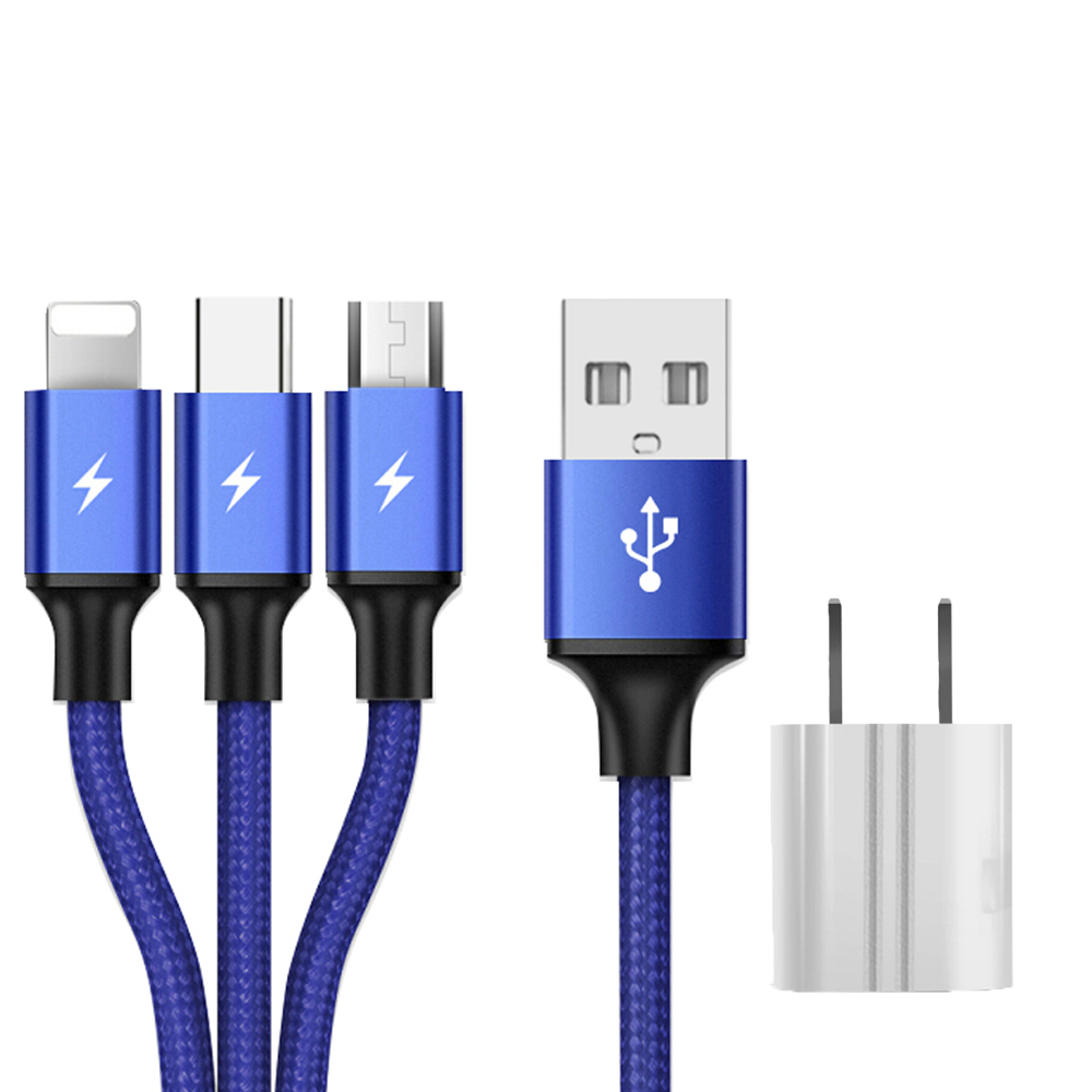 SIMU 1.2M Data Cable Of One Drag Three 2.4A Braided Fast Charging Mobile Phone Cable With USB Charging Plug blue