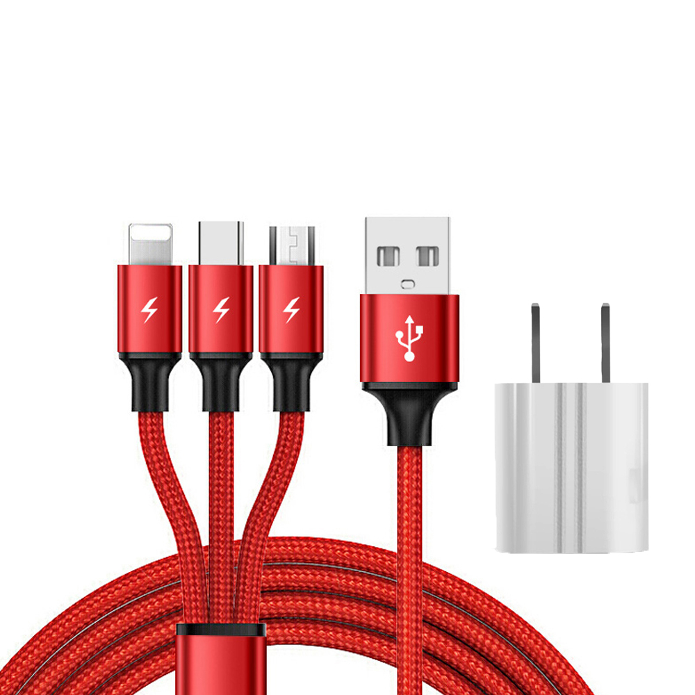 SIMU 1.2M Data Cable Of One Drag Three 2.4A Braided Fast Charging Mobile Phone Cable With USB Charging Plug red