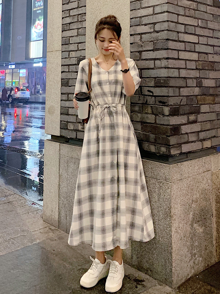 Trendy V Neck Dress For Women Summer Short Sleeves High Waist Long Skirt Elegant Plaid Printing A-line Skirt White 2XL